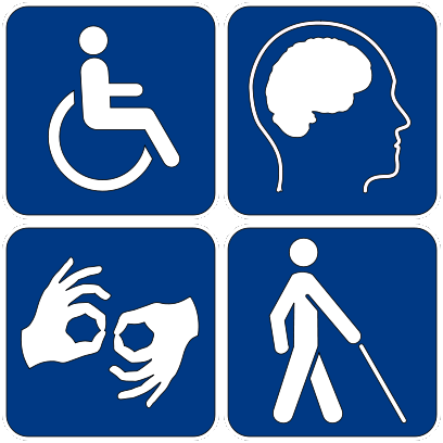 Accessibility signs, showing symbos for a wheelchair, autism, low vision, and sign language