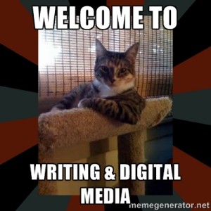 Meme of the Most Interesting Cat in the World, with the caption Welcome to Writing & Digital Media