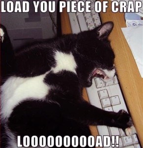 Cat chewing keys on a computer keyboard, with the caption, Load you piece of crap! LOOOOOOOOOAD!!