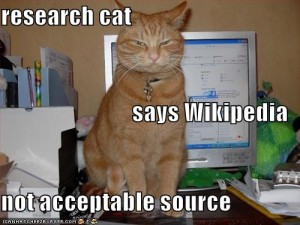 Orange cat in front of a computer monitor, with the caption, Research cat says Wikipedia not acceptable source