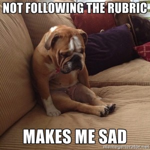 Sad dog with the caption, Not following the rubric makes me sad