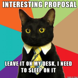 Cat wearing a tie, with the caption, Interesting proposal. Leave it on my desk. I need to sleep on it.