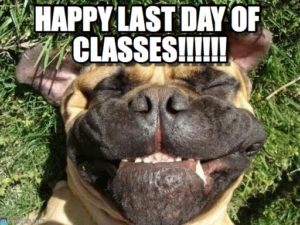 Dog with goofy grin, with the caption, Happy Last Day of Classes!!!!!!